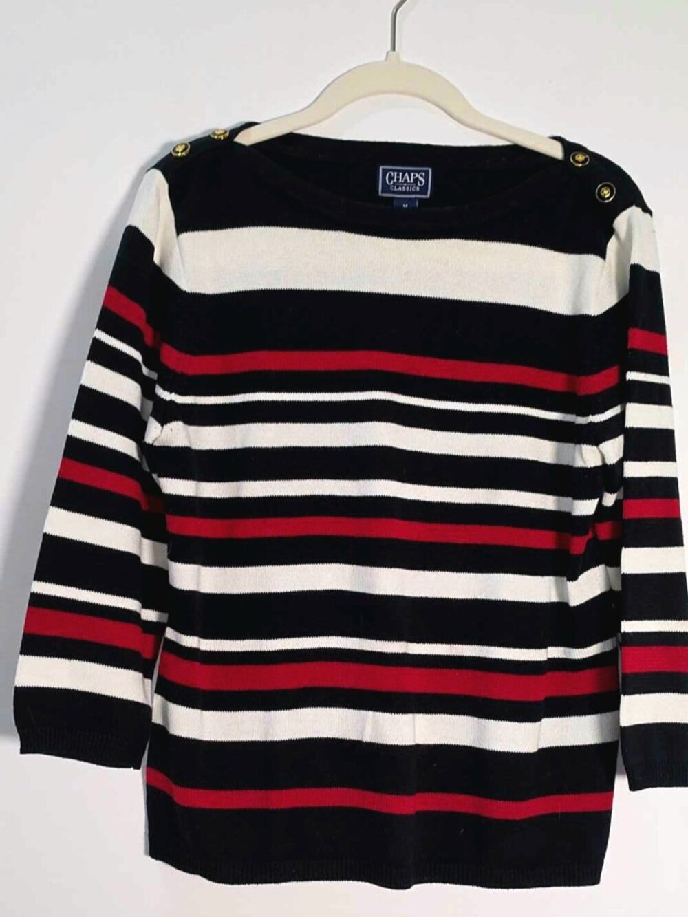 Chaps Classics Sweater Medium Black, Red, White Stripe, Gold Button, Cotton
